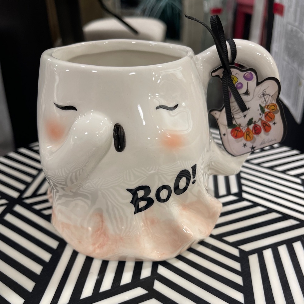 Pink Halloween Ghost Yawning Boo Ceramic Coffee Mug Blue Sky Clayworks NWT